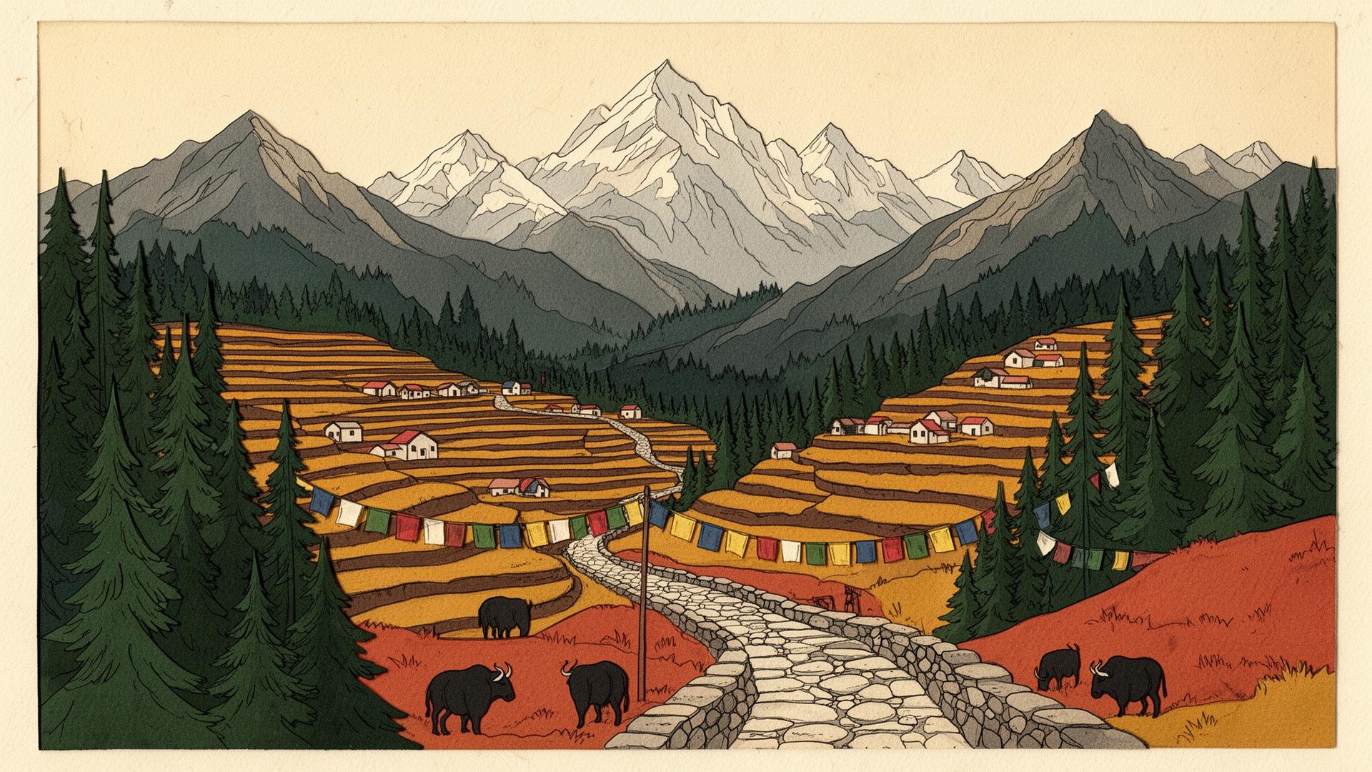 Illustrated Nepali Himalayan trail with terraced fields and prayer flags